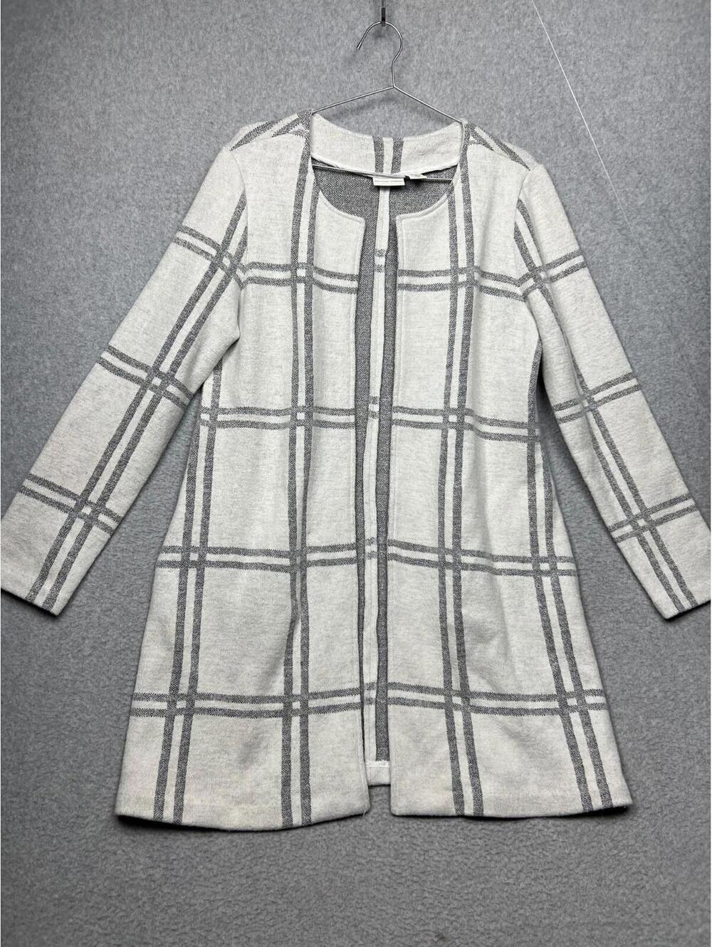 Adrienne Vittadini Womens Cardigan M Plaid Open Front Coatigan Duster Sweater